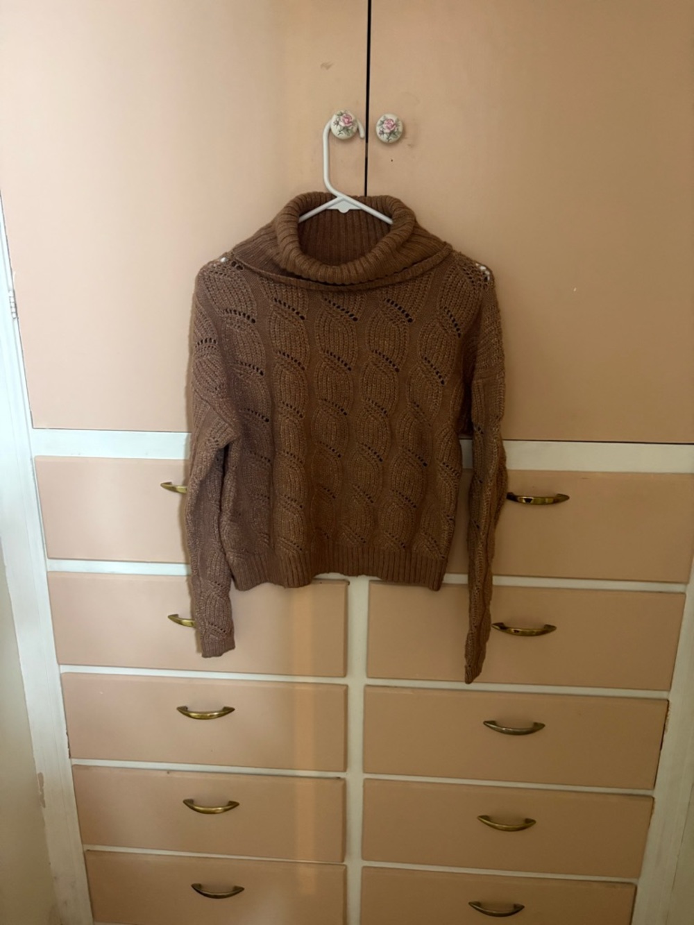 Pink Rose Camel-Brown Open Knit Turtleneck Sweater